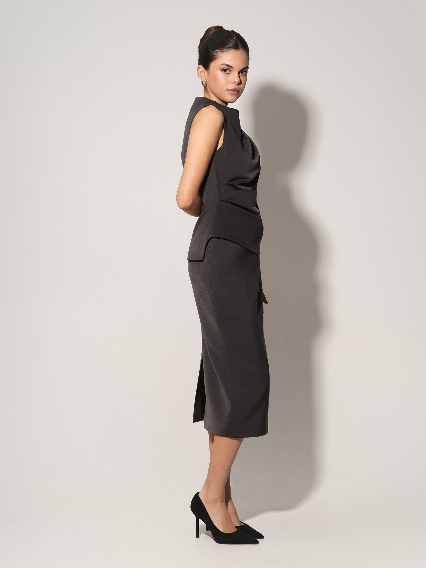 High-Waist Pencil Midi Skirt - Grey