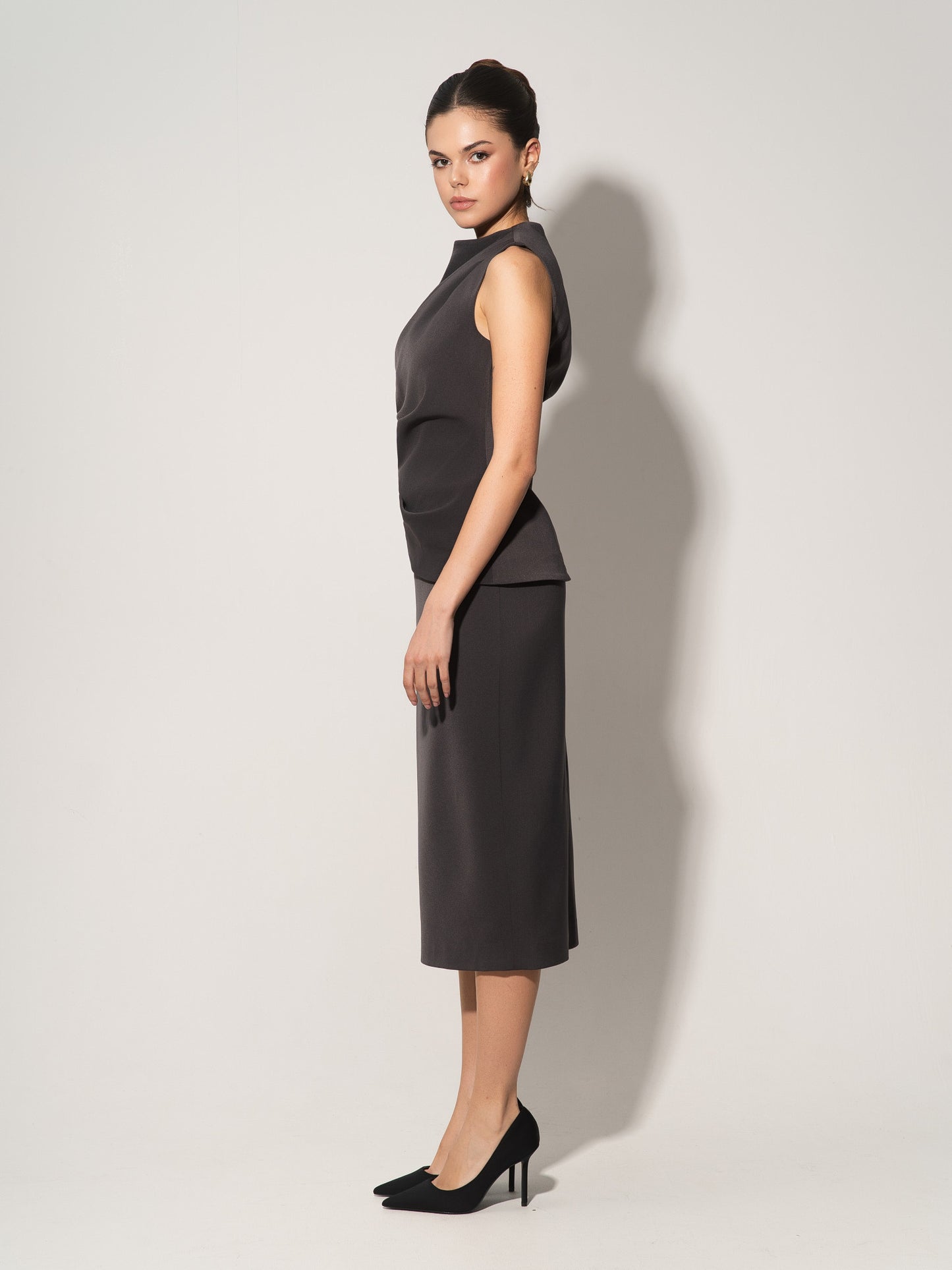 High-Waist Pencil Midi Skirt - Grey