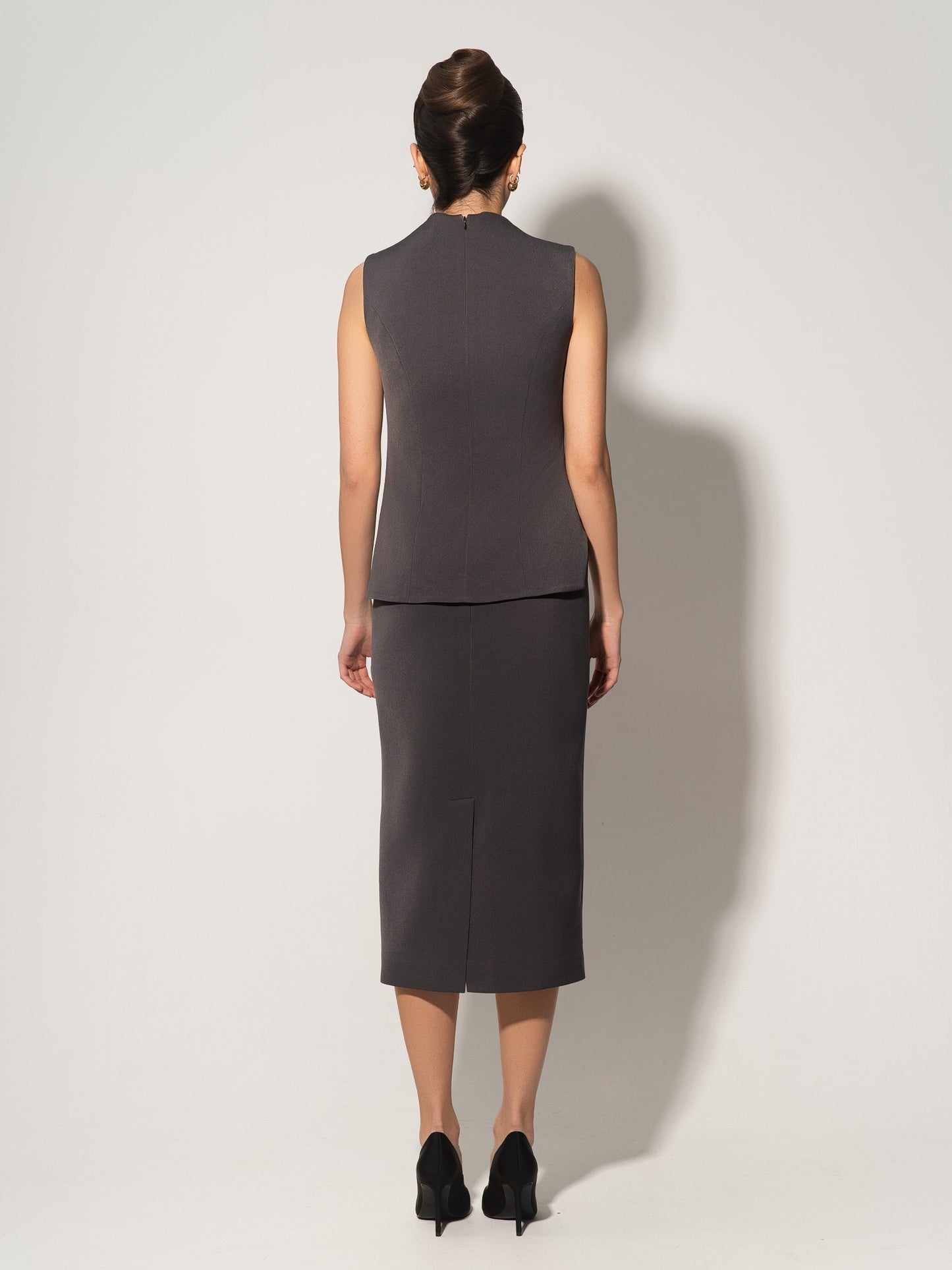 High-Waist Pencil Midi Skirt - Grey