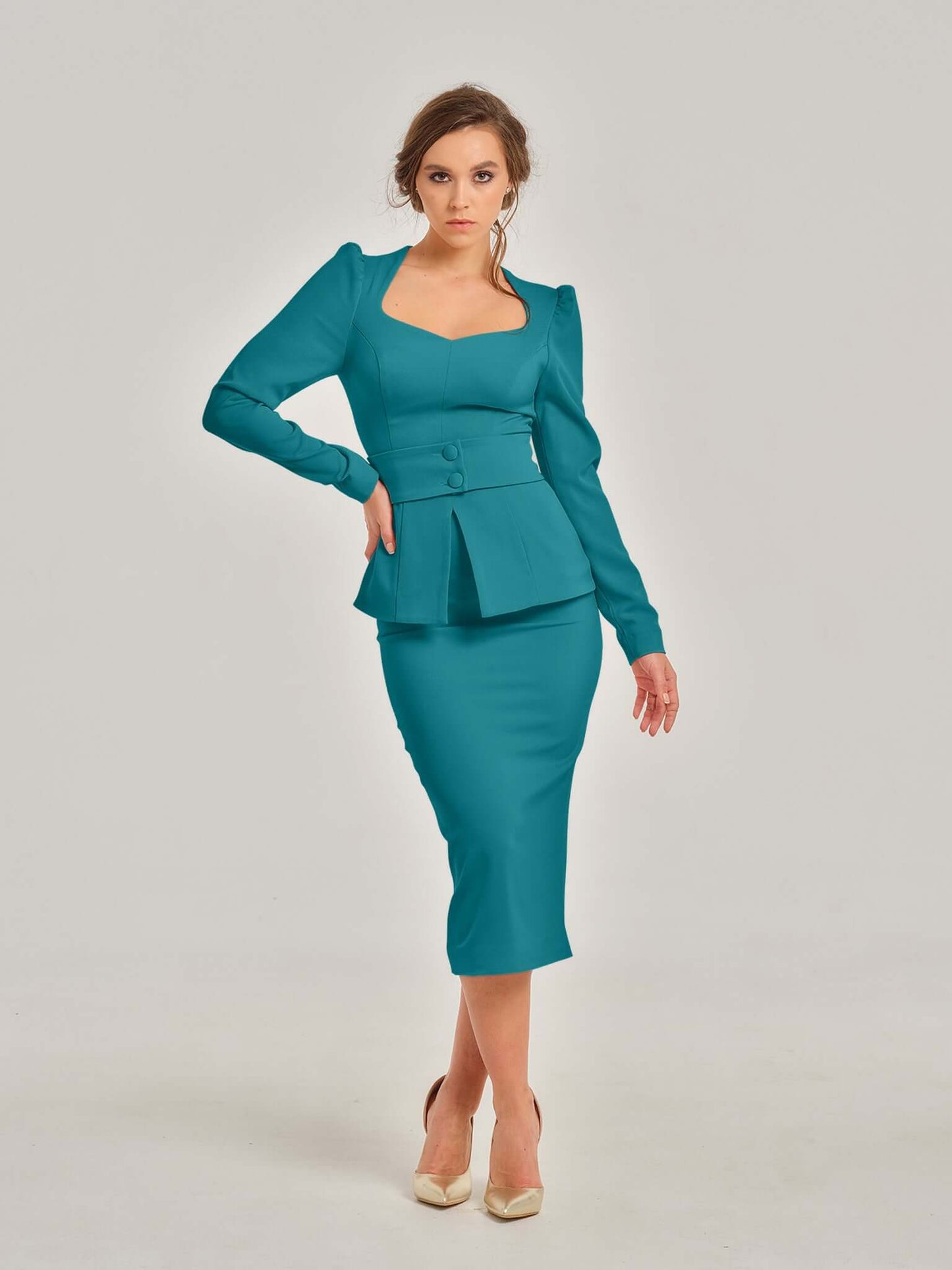 High-Waist Pencil Midi Skirt - Turquoise by Tia Dorraine Women's Luxury Fashion Designer Clothing Brand