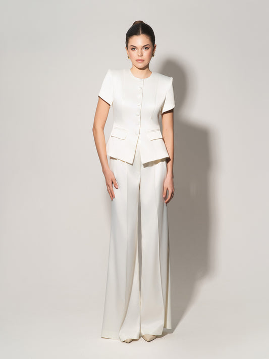 High-Waist Wide-Leg Satin Trousers - Pearl White