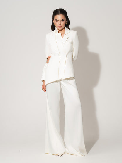 High-Waist Wide-Leg Satin Trousers - Pearl White