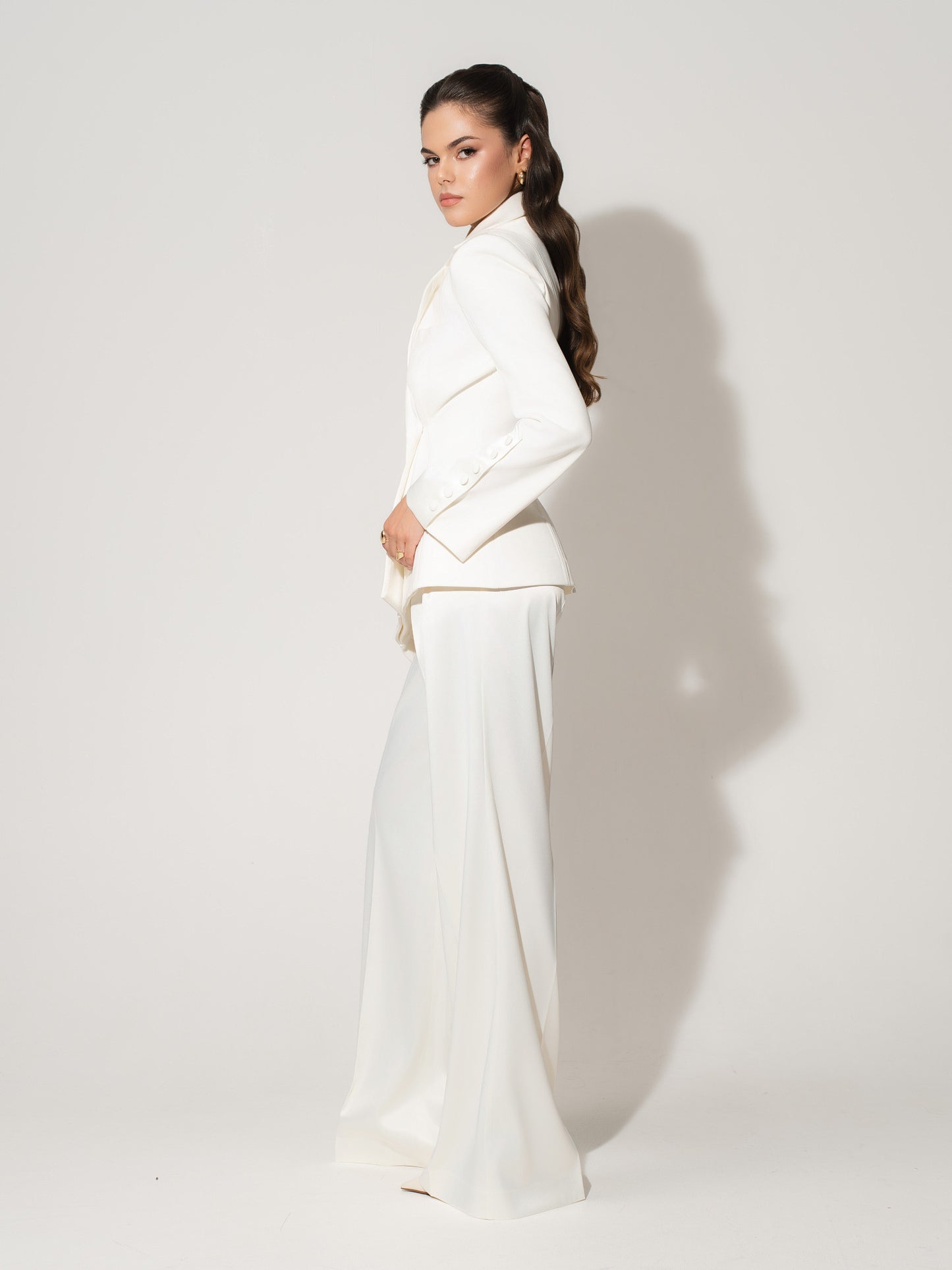 High-Waist Wide-Leg Satin Trousers - Pearl White
