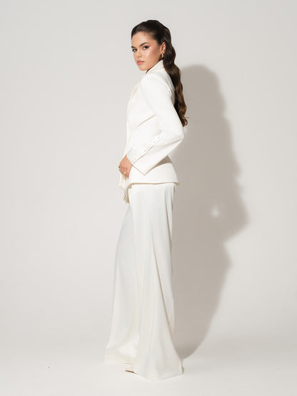 High-Waist Wide-Leg Satin Trousers - Pearl White