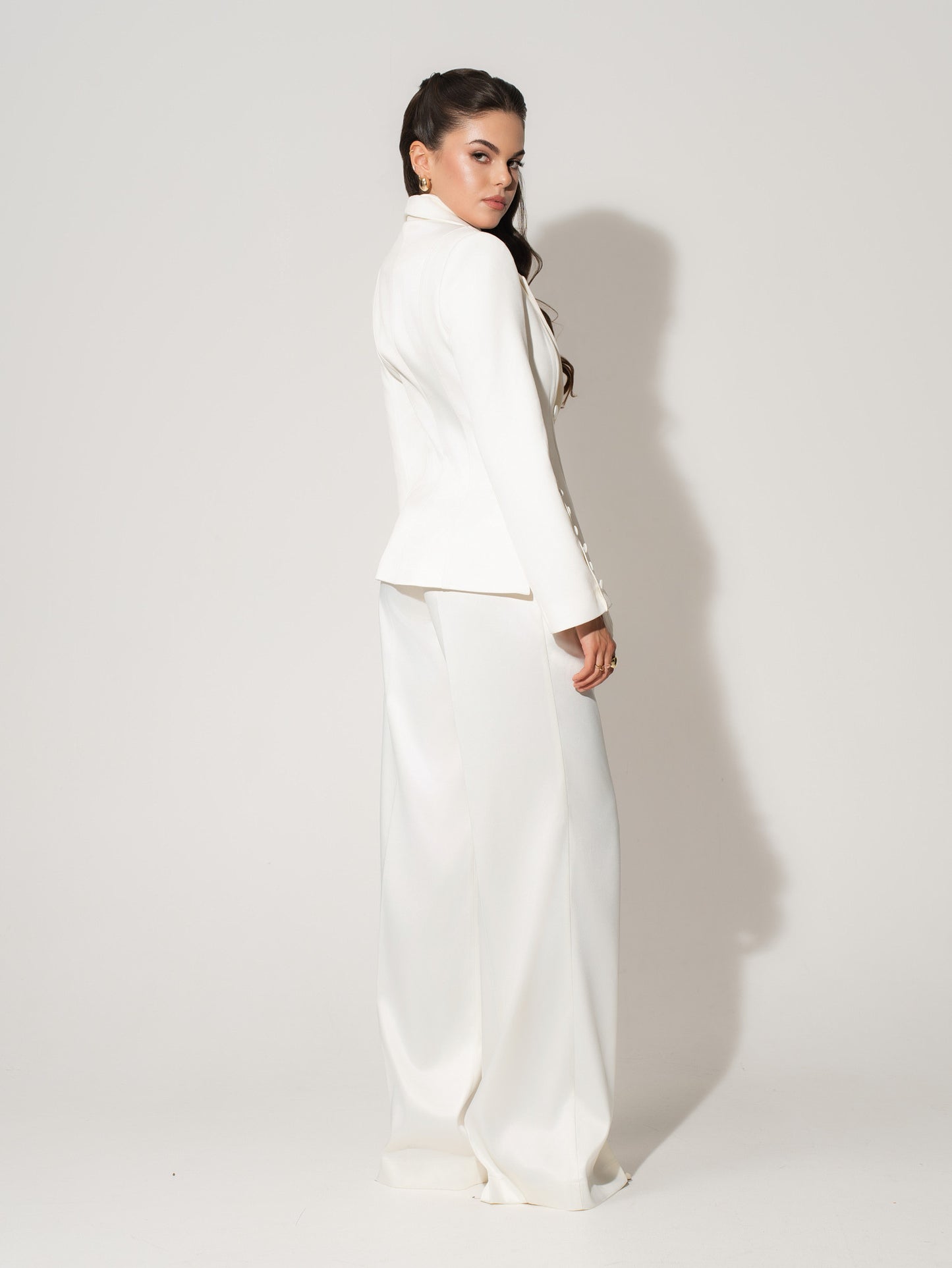 High-Waist Wide-Leg Satin Trousers - Pearl White