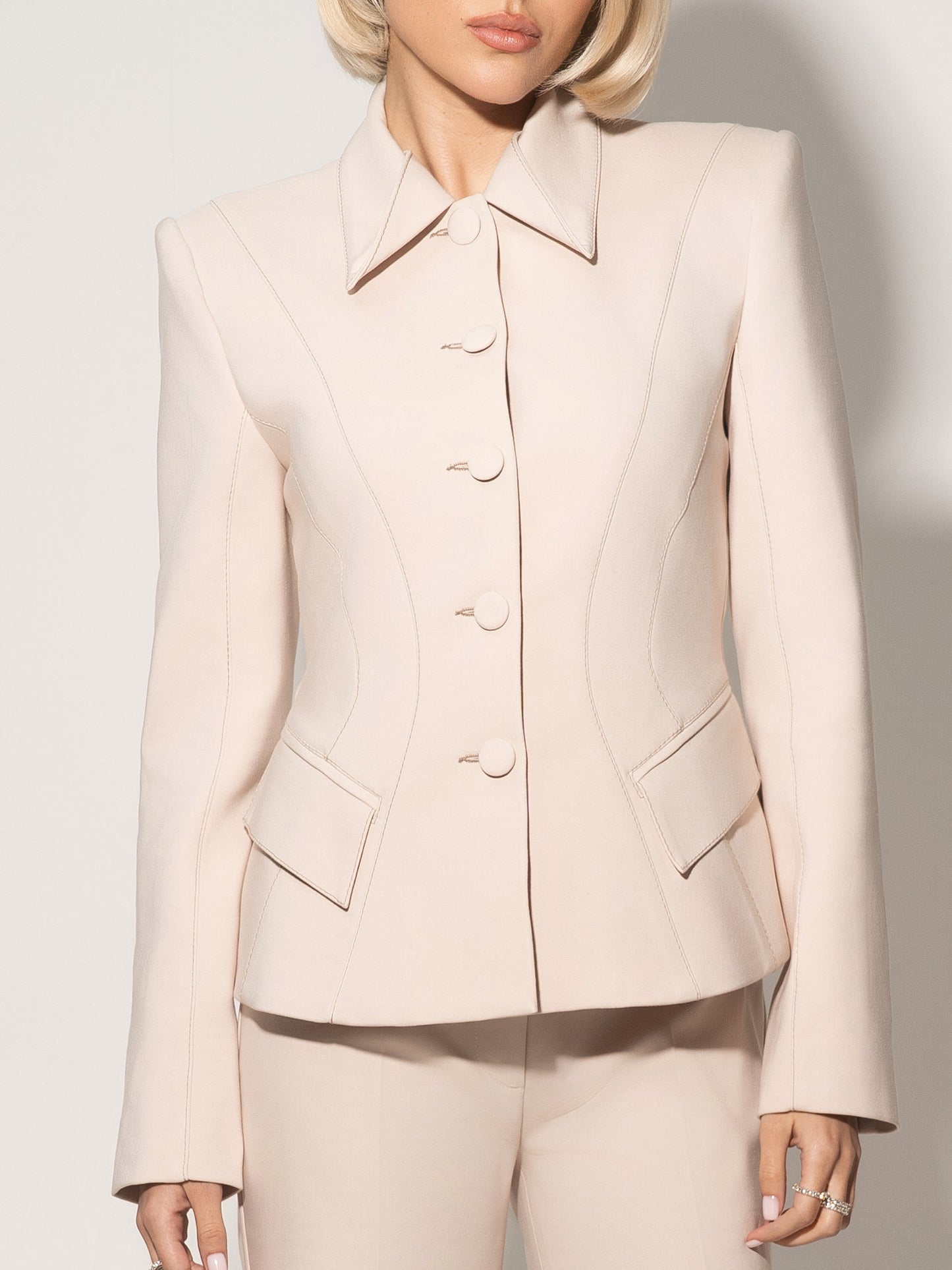 Hourglass Blazer & Flared Trousers Set - Beige