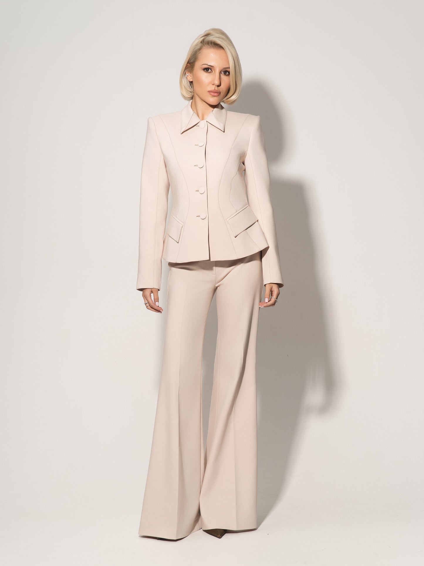 Hourglass Blazer & Flared Trousers Set - Beige