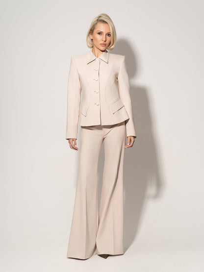 Hourglass Blazer & Flared Trousers Set - Beige