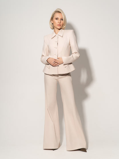 Hourglass Blazer & Flared Trousers Set - Beige