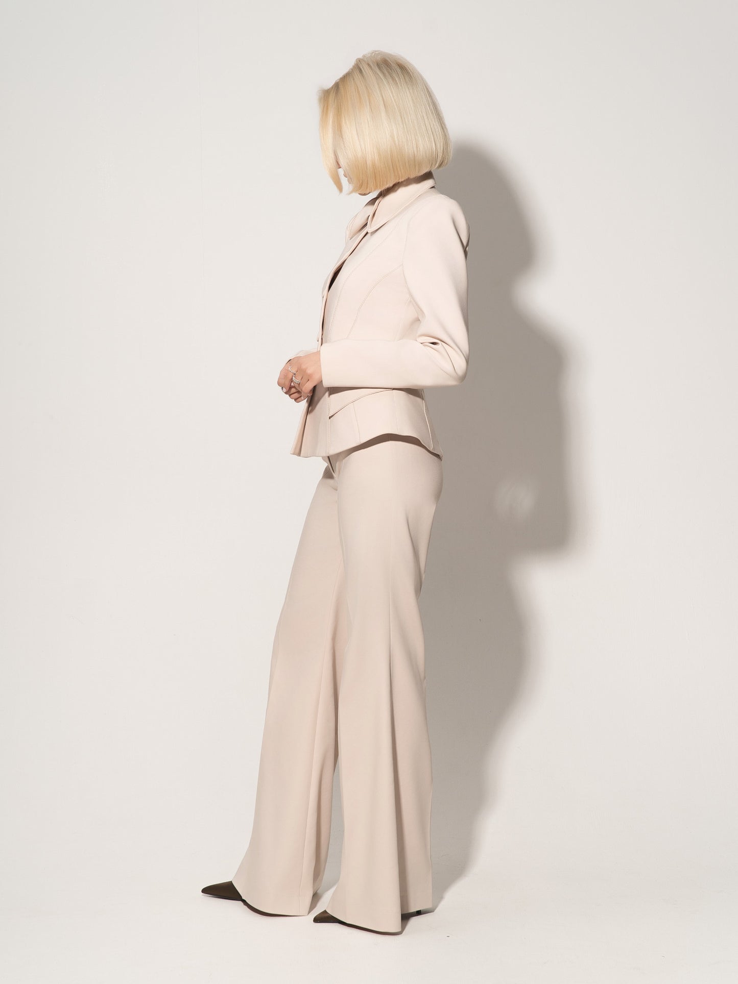 Hourglass Blazer & Flared Trousers Set - Beige