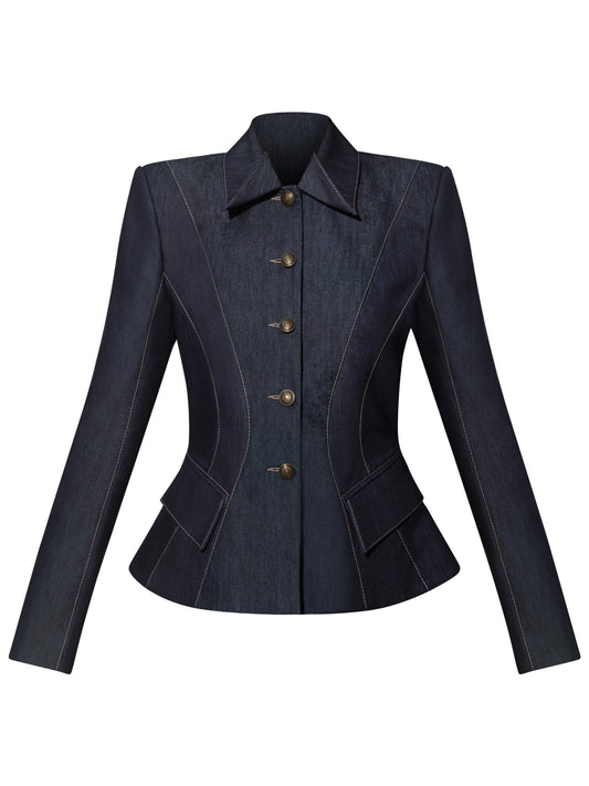 Hourglass Denim Blazer Jacket - Dark Blue