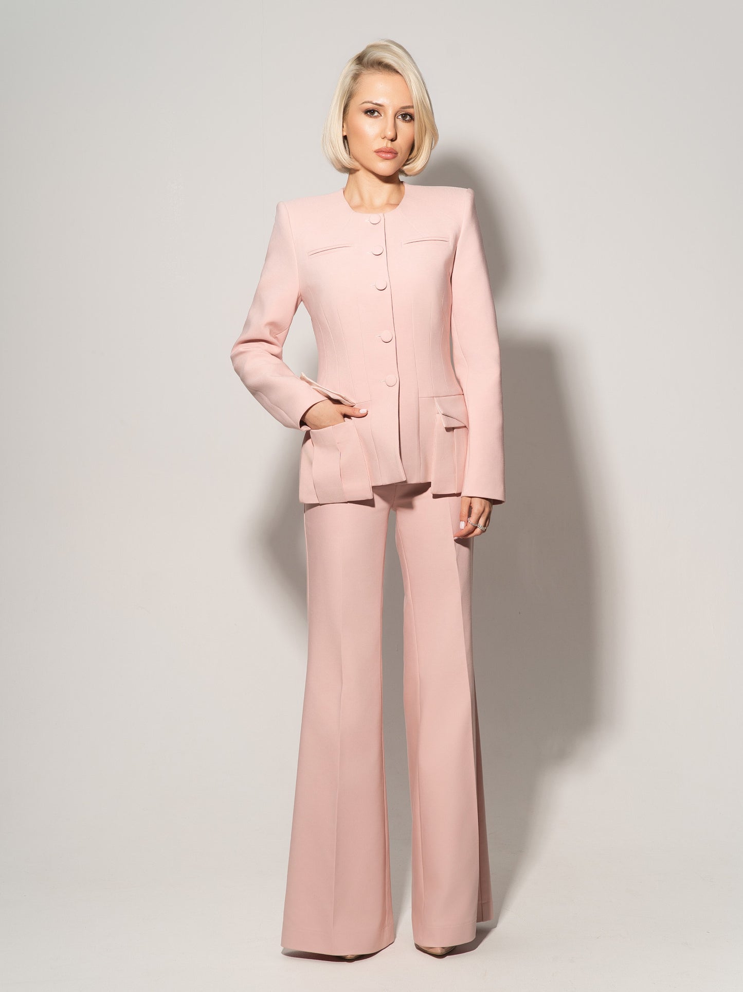 Button Up Collarless Blazer Jacket In Cotton - Light Pink