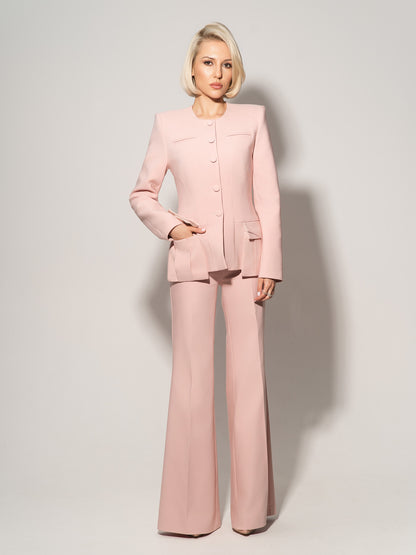 Button Up Collarless Blazer Jacket In Cotton - Light Pink