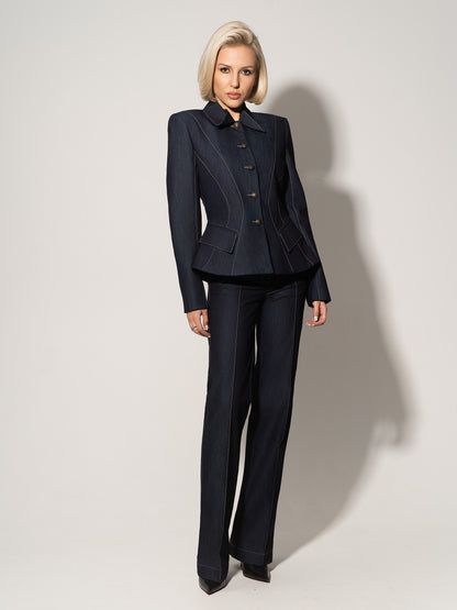 Hourglass Denim Blazer Jacket - Dark Blue