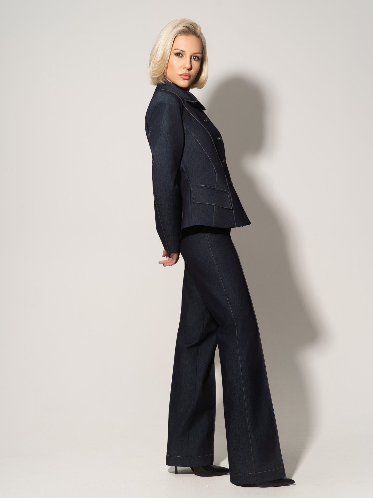 Hourglass Denim Blazer Jacket - Dark Blue