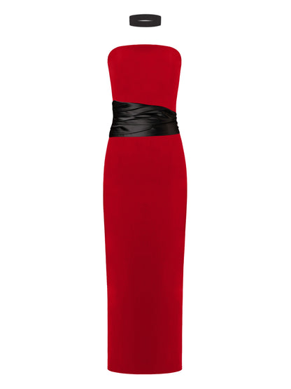 Kiss Me Fitted Midi Dress with Satin Belt - Red & Black Red & Black / S Kiss Me Fitted Midi Dress with Satin Belt - Red & Black Red & Black / S