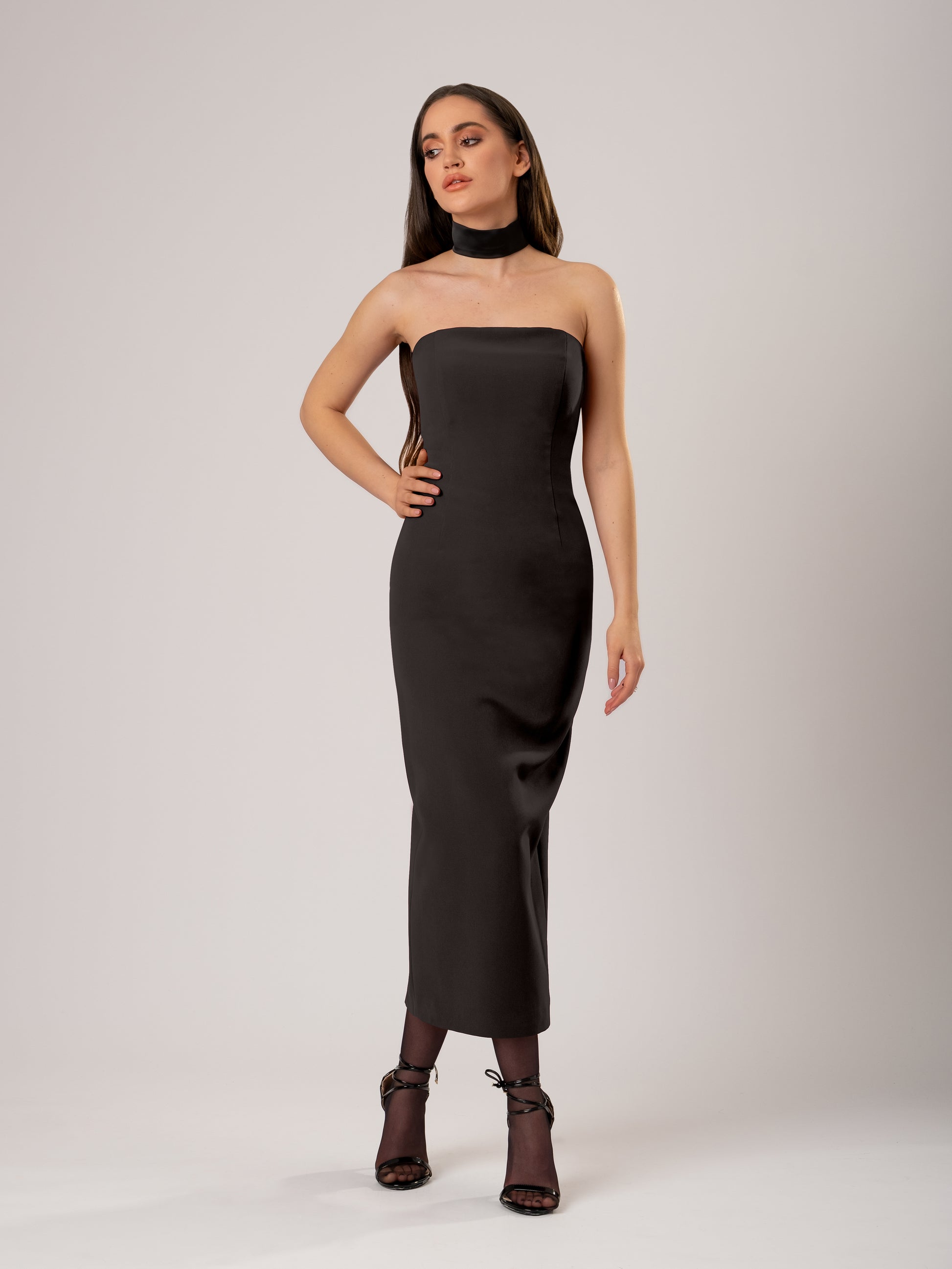 Tia Dorraine Kiss Me Fitted Bustier Midi Dress With Satin Belt - Black Tia Dorraine Kiss Me Fitted Bustier Midi Dress With Satin Belt - Black