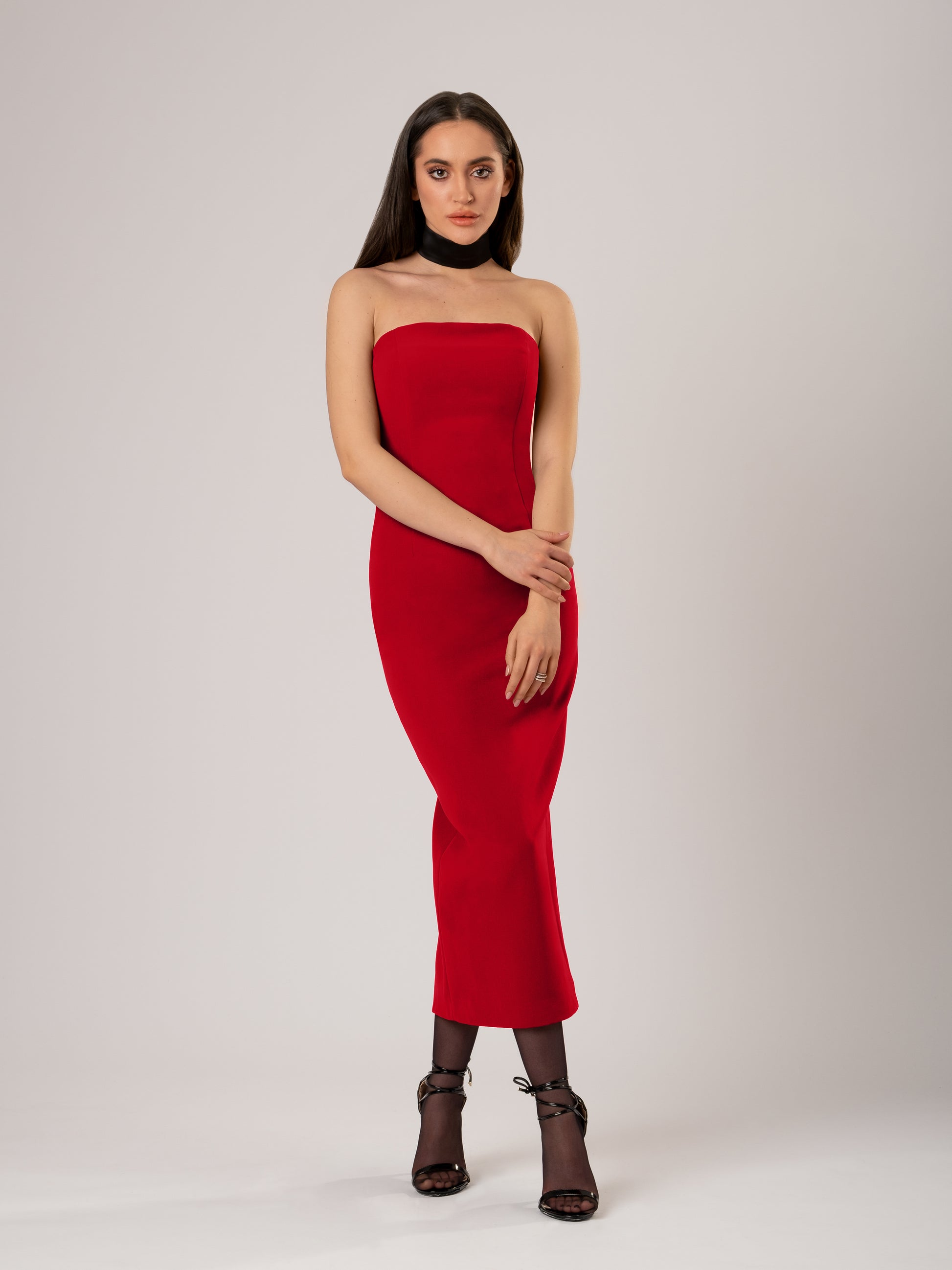Tia Dorraine Fitted Bustier Midi Dress - Red Tia Dorraine Fitted Bustier Midi Dress - Red