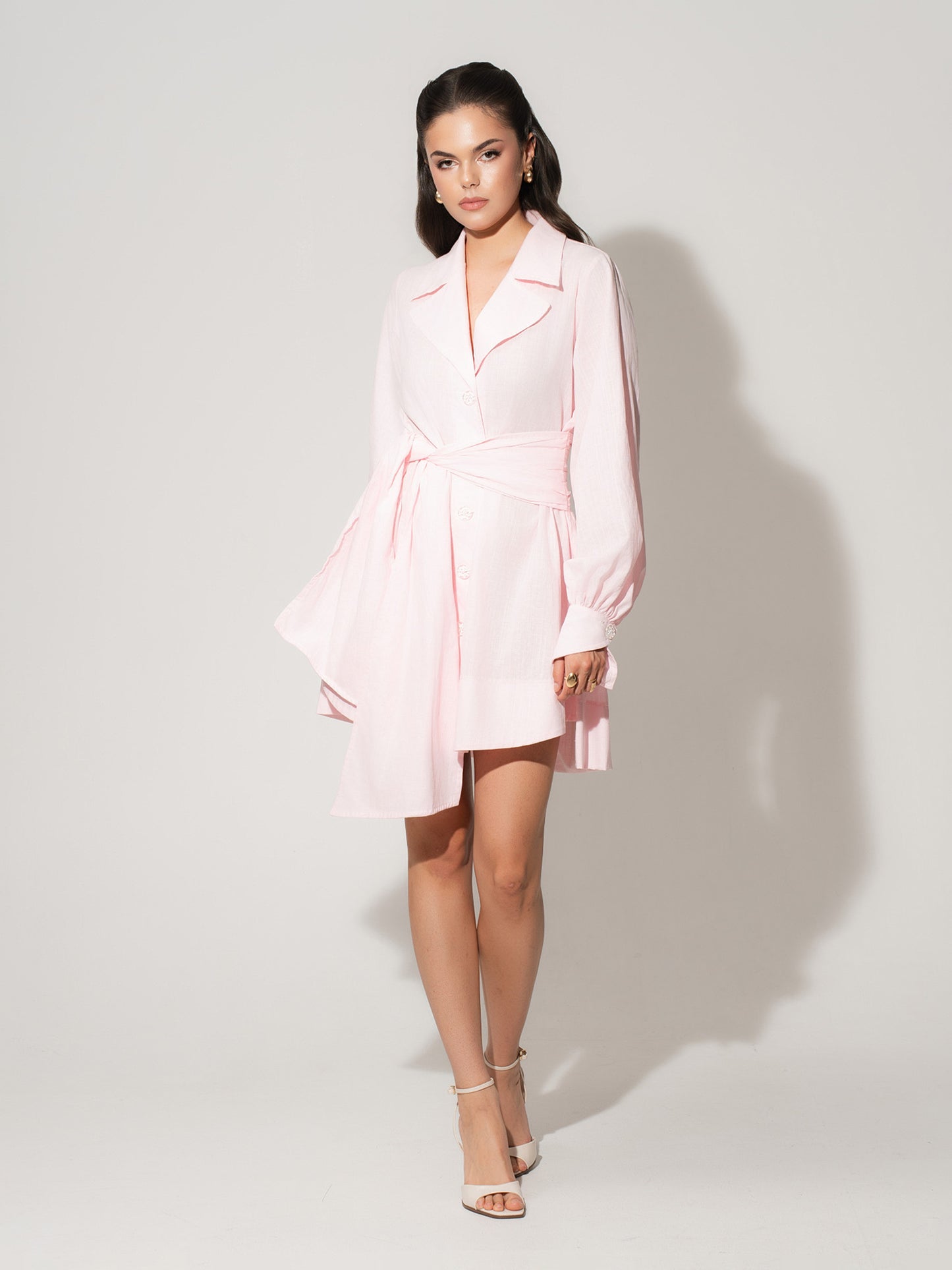 Long Sleeve Shirt Dress in Linen - Light Pink