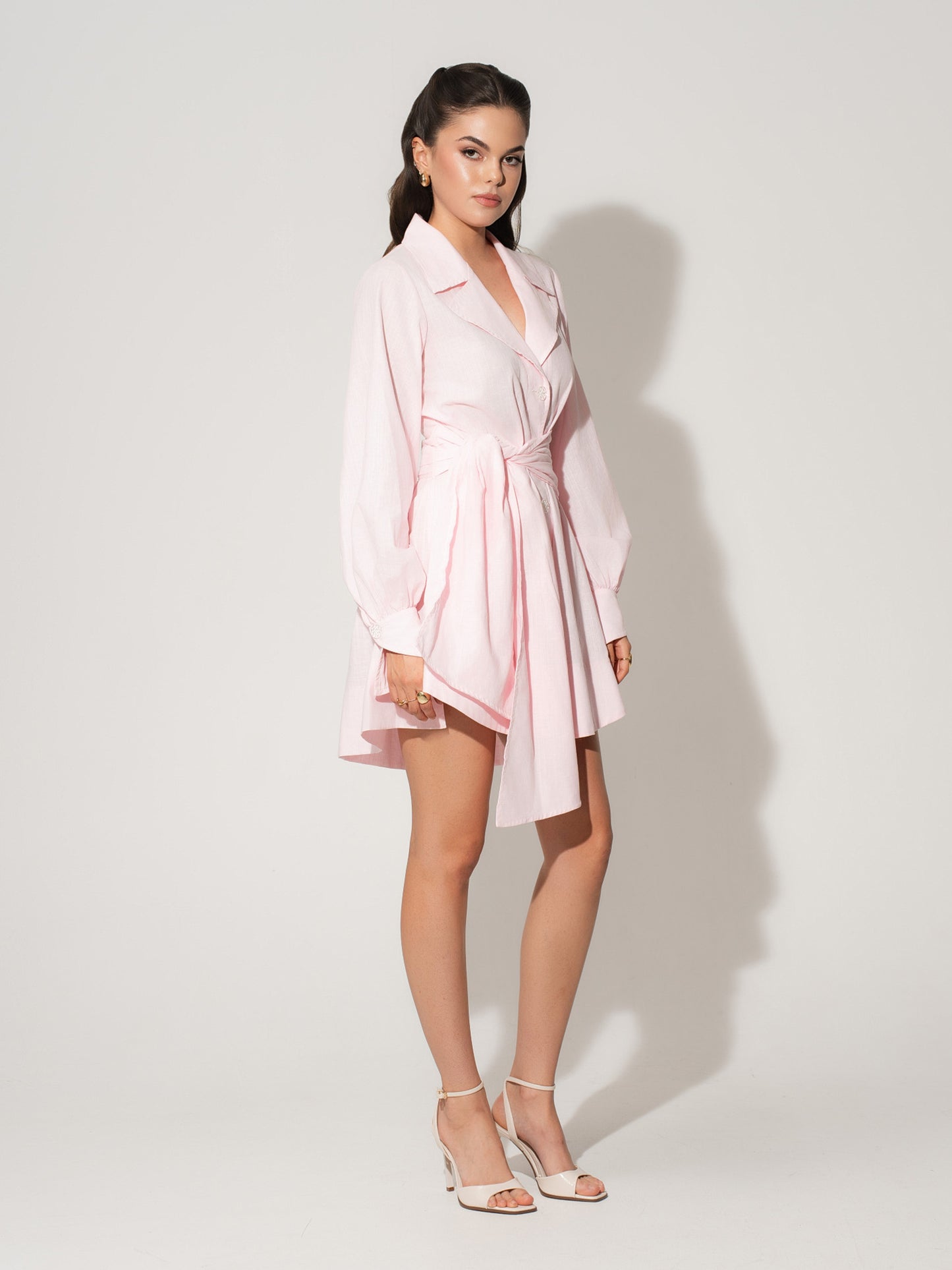 Long Sleeve Shirt Dress in Linen - Light Pink