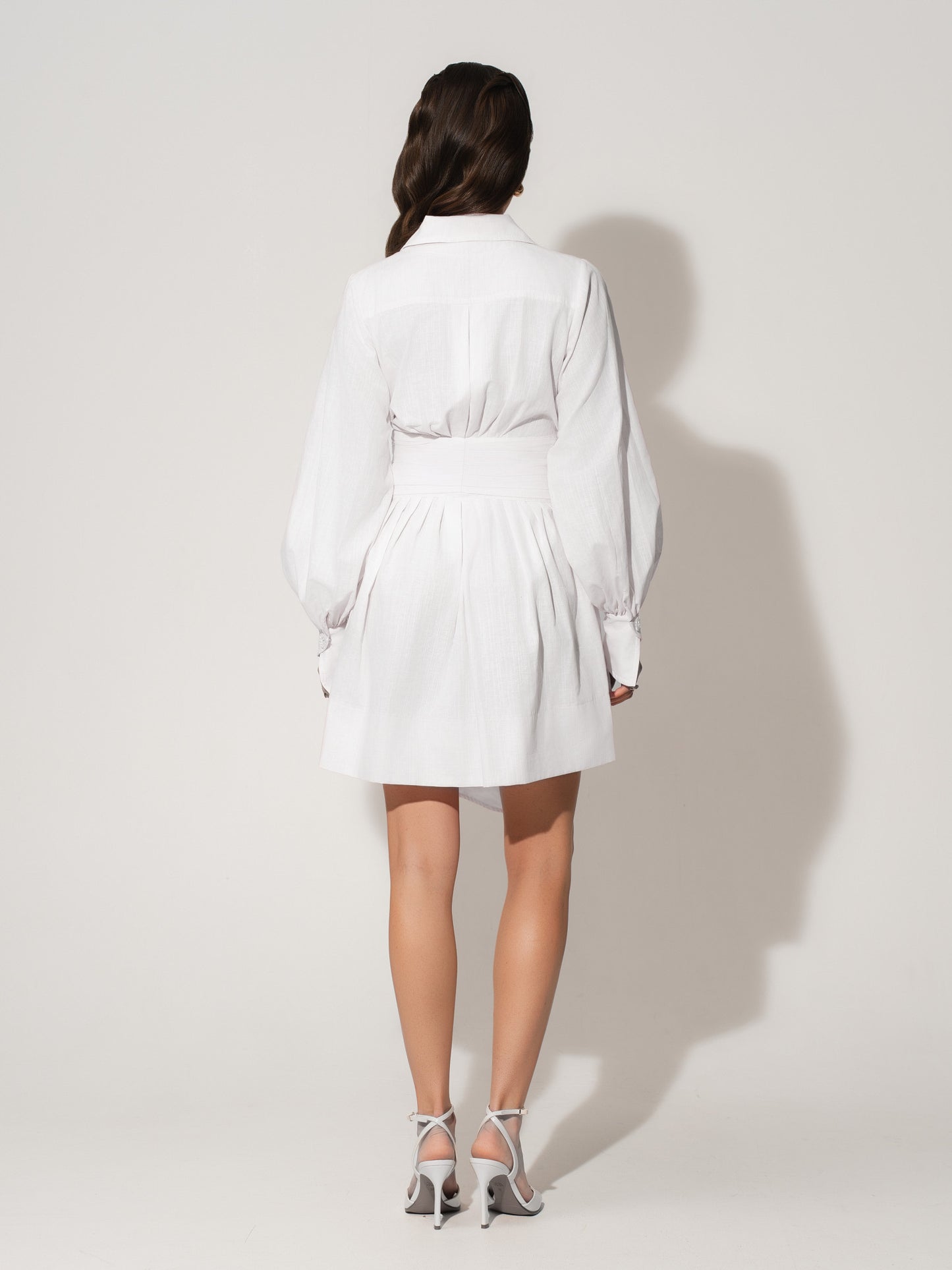 Long Sleeve Shirt Dress in Linen - White