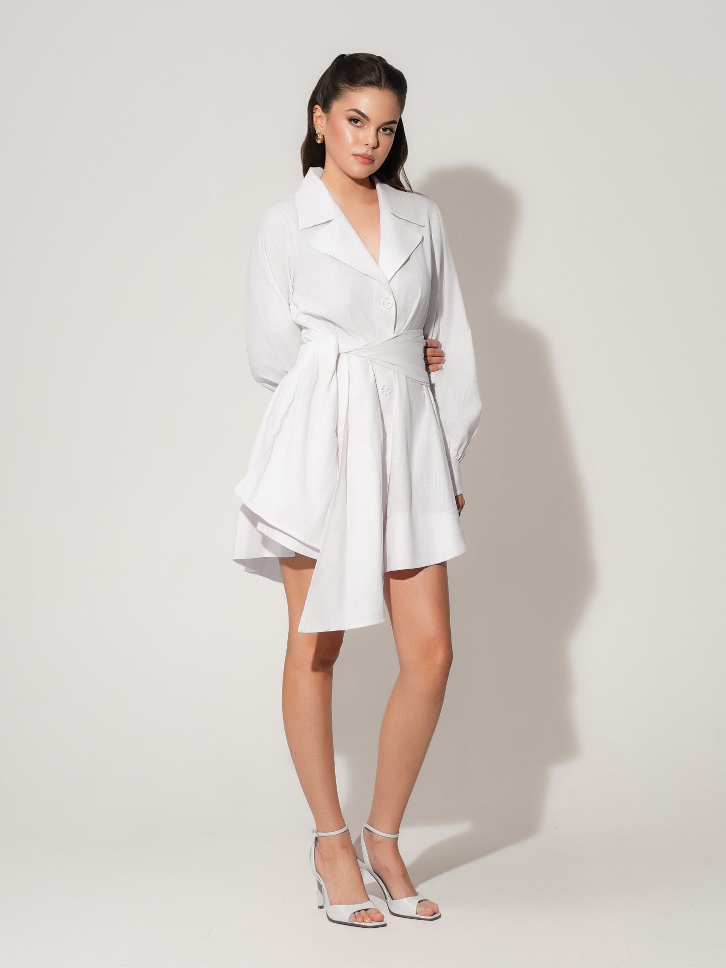 Long Sleeve Shirt Dress in Linen - White