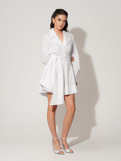 Long Sleeve Shirt Dress in Linen - White
