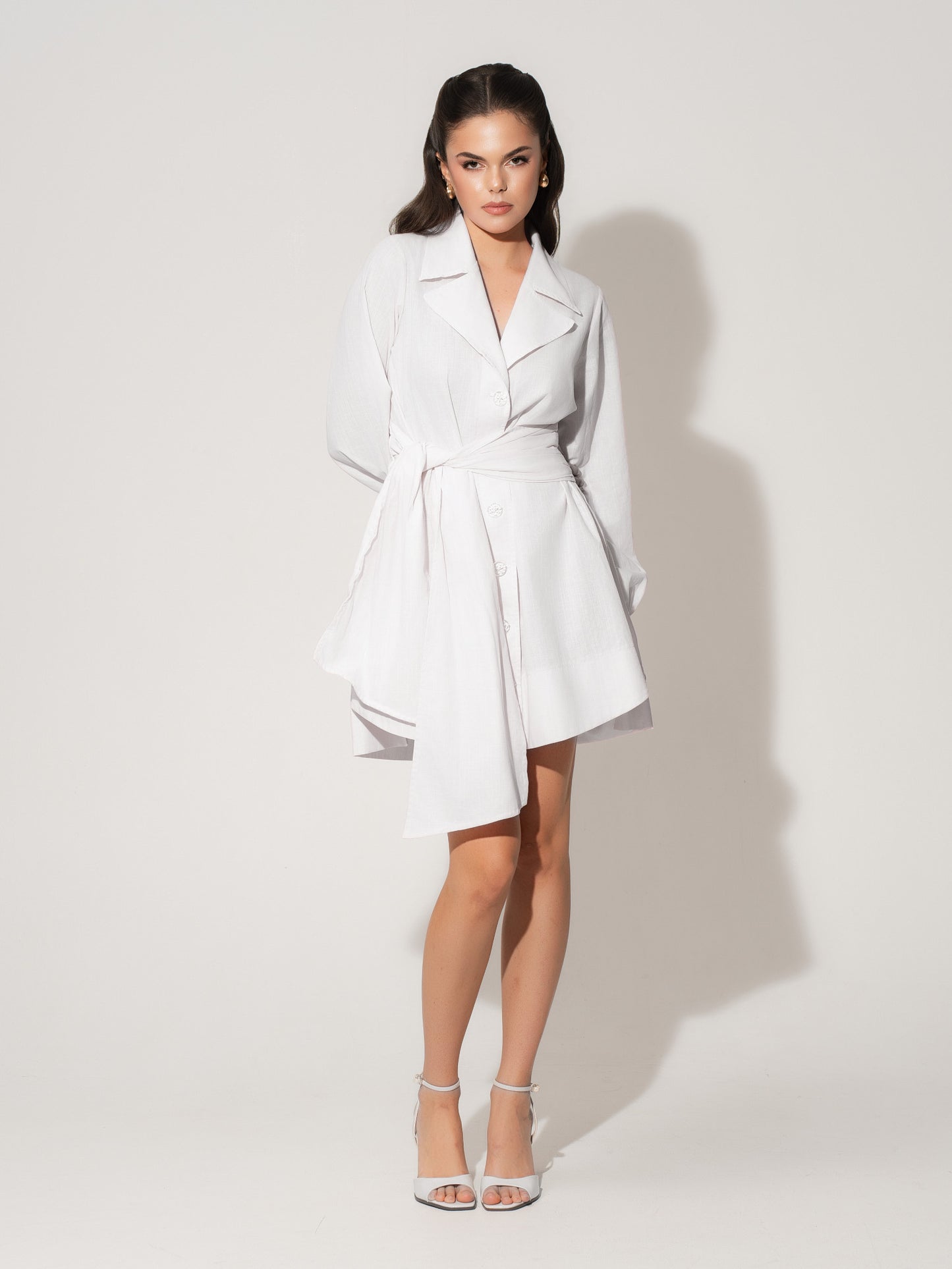 Long Sleeve Shirt Dress in Linen - White