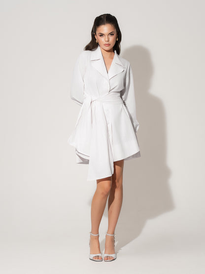 Long Sleeve Shirt Dress in Linen - White