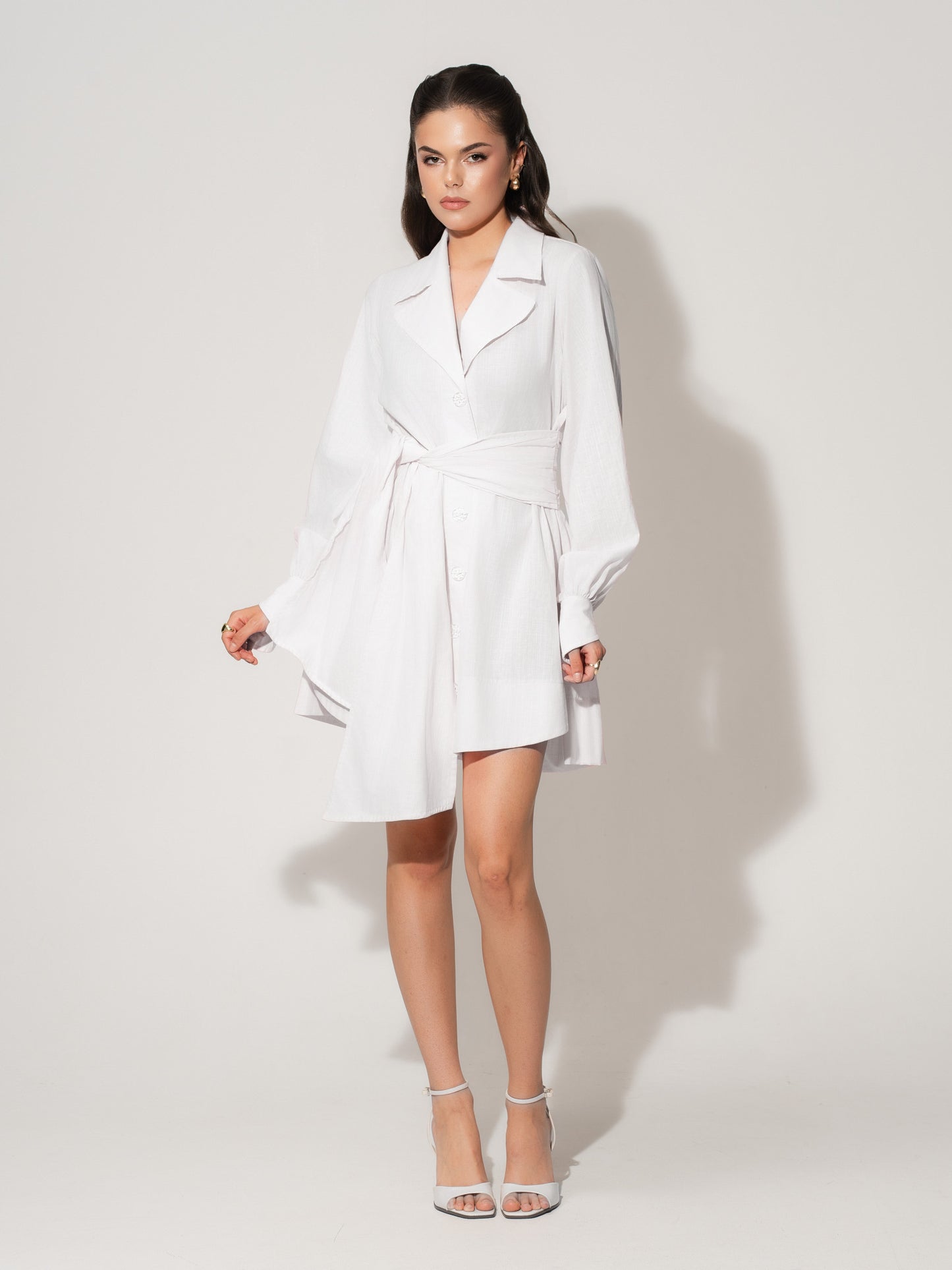 Long Sleeve Shirt Dress in Linen - White