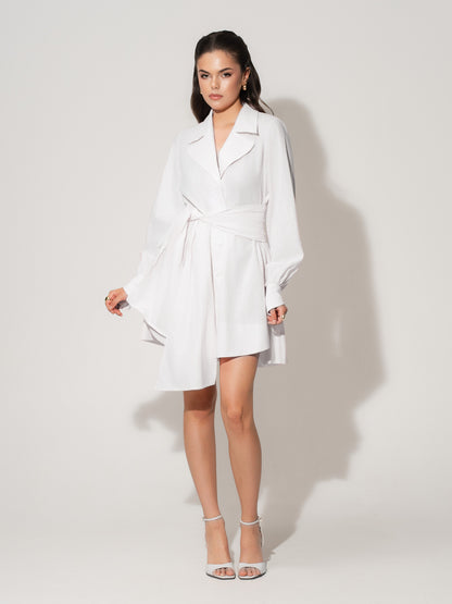 Long Sleeve Shirt Dress in Linen - White