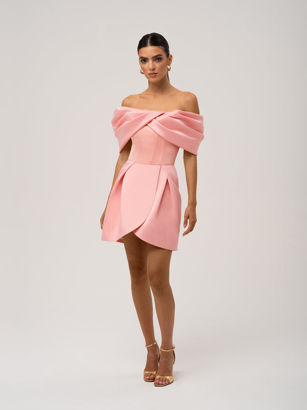 coral mini dress Love in Bloom Off-Shoulder Mini Dress