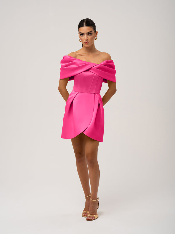 fluffy pink mini dress Love in Bloom Off-Shoulder Mini Dress