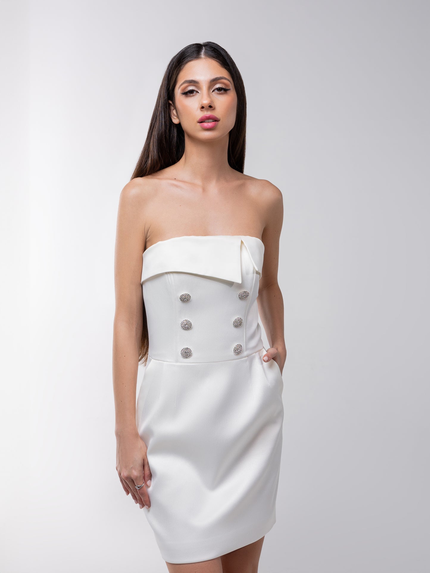 Magnetic Touch Crystal-Embellished Mini Dress - Pearl White