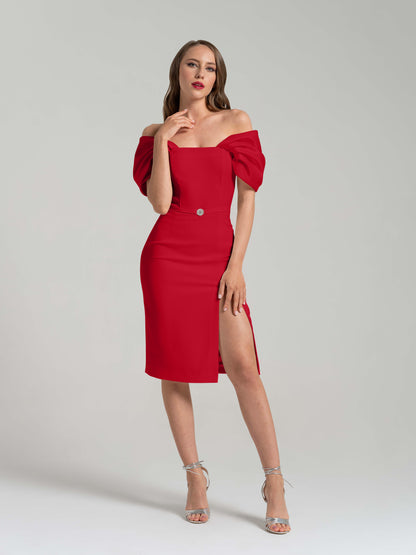 Mirage Crystal Ornament Midi Dress - Red