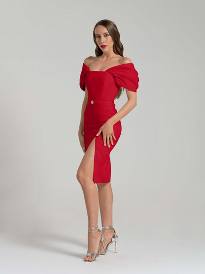 Mirage Crystal Ornament Midi Dress - Red