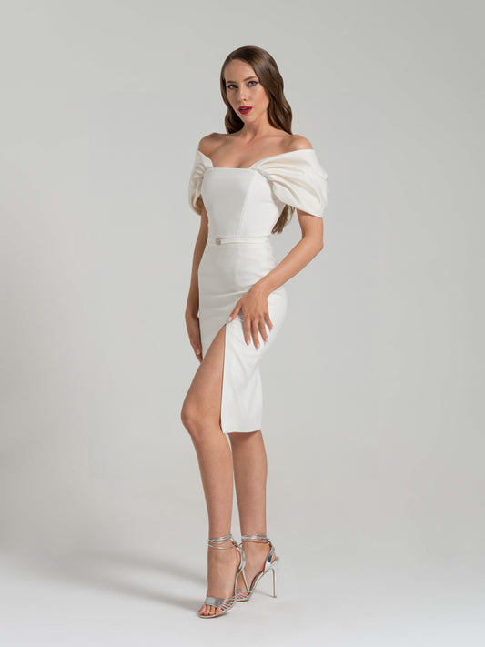 Mirage Crystal Ornament Midi Dress - Pearl White