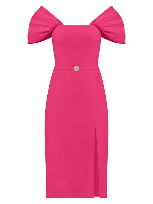 Mirage Crystal Ornament Midi Dress - Hot Pink