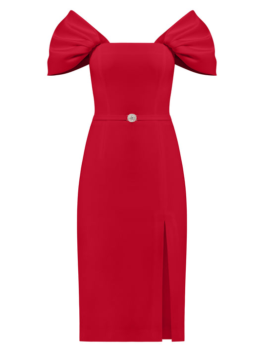 Mirage Crystal Ornament Midi Dress - Red