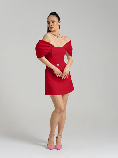 Mirage Crystal Ornament Mini Dress - Red