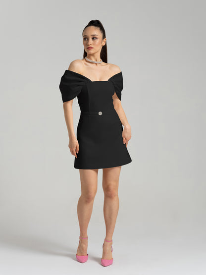 Mirage Crystal Ornament Mini Dress - Black