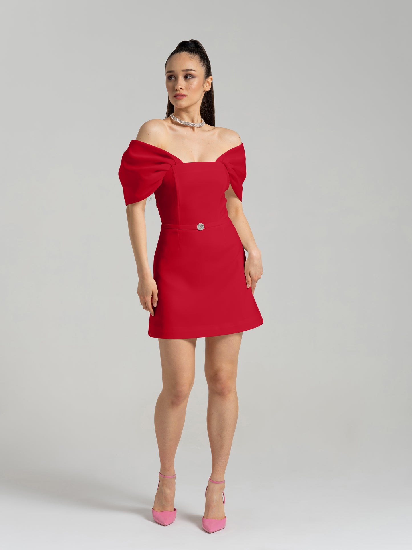 Mirage Crystal Ornament Mini Dress - Red