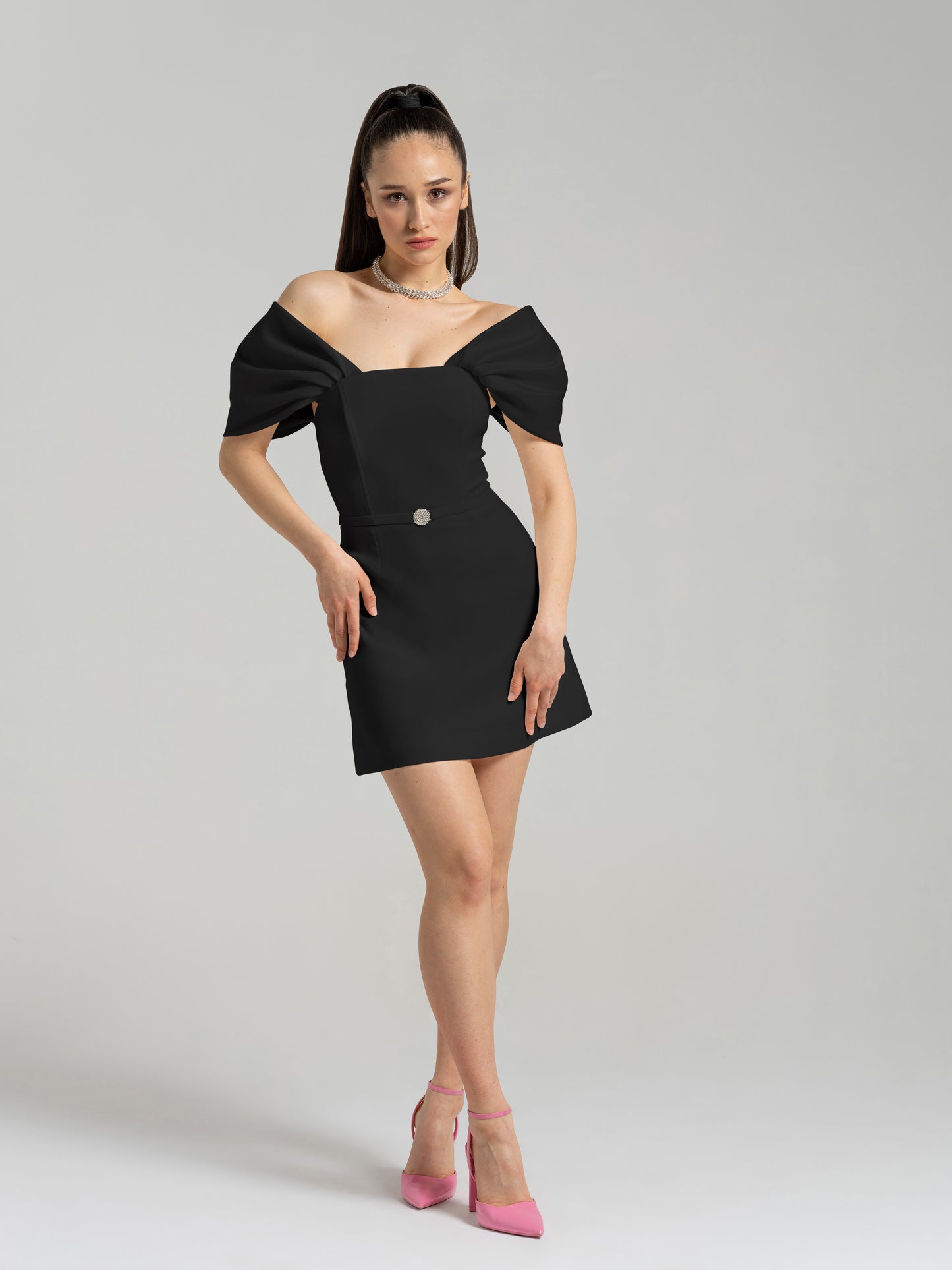 Mirage Crystal Ornament Mini Dress - Black