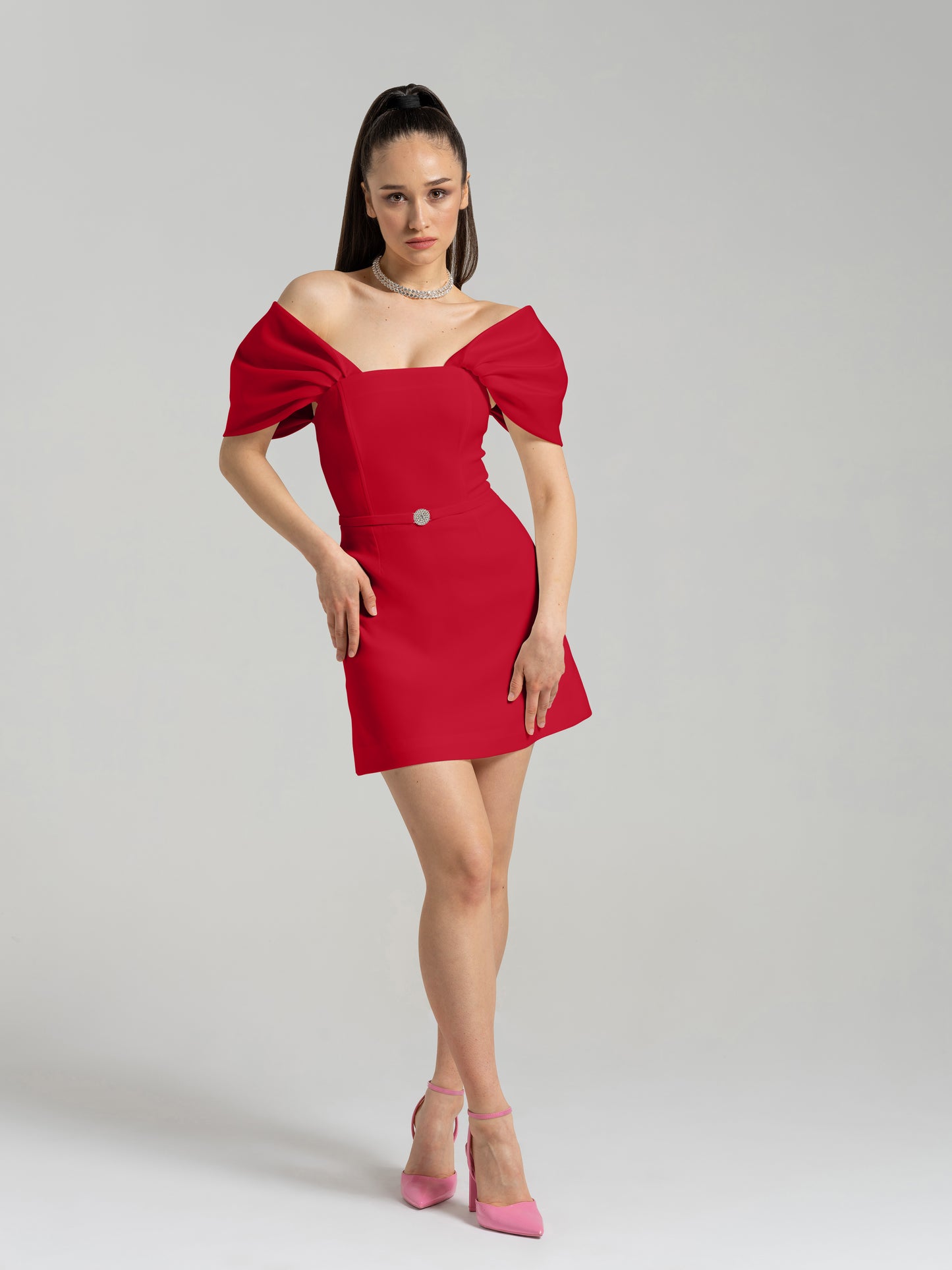 Mirage Crystal Ornament Mini Dress - Red