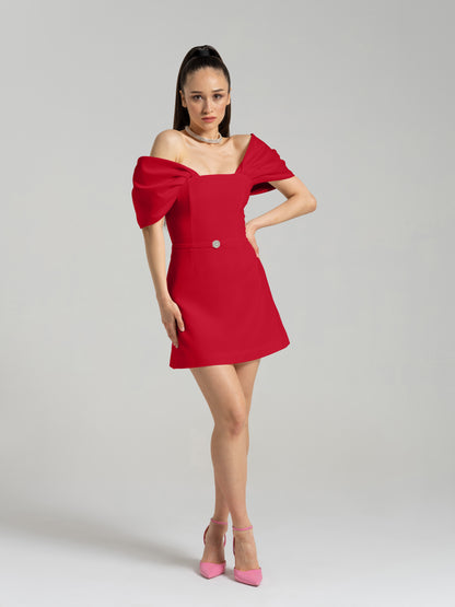 Mirage Crystal Ornament Mini Dress - Red