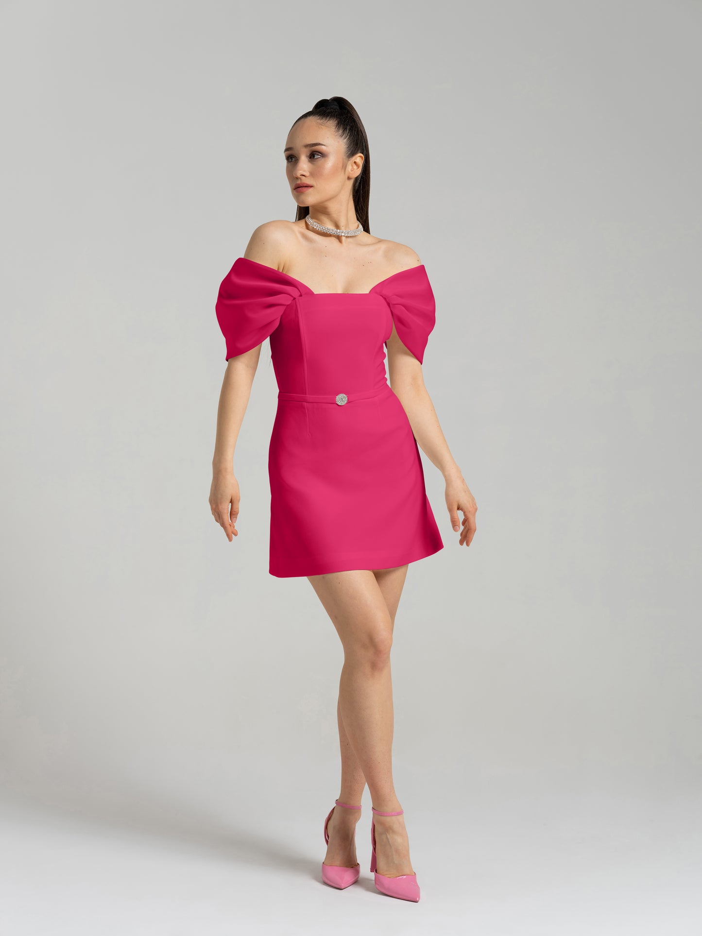 Mirage Crystal Ornament Mini Dress - Hot Pink