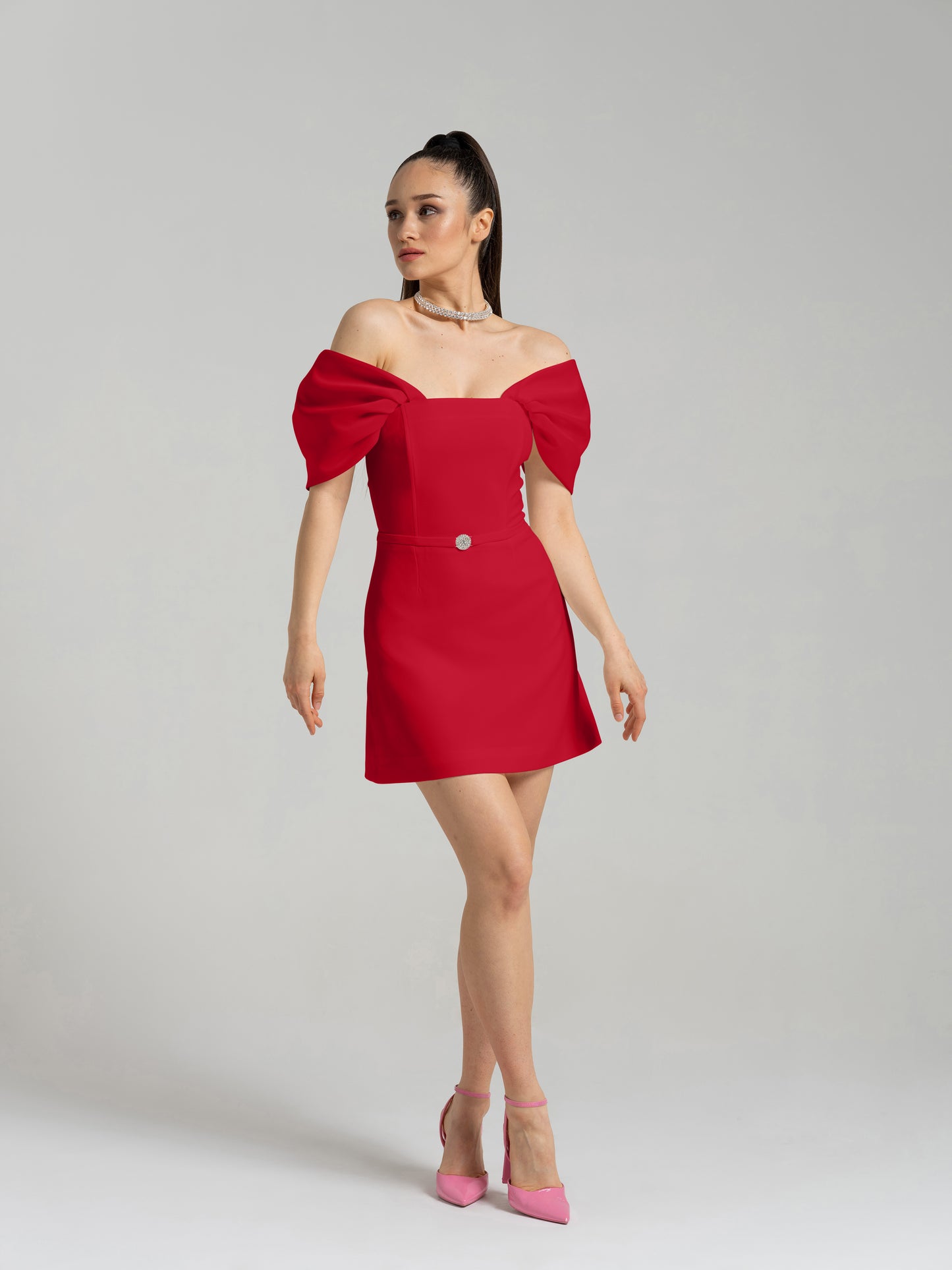 Mirage Crystal Ornament Mini Dress - Red