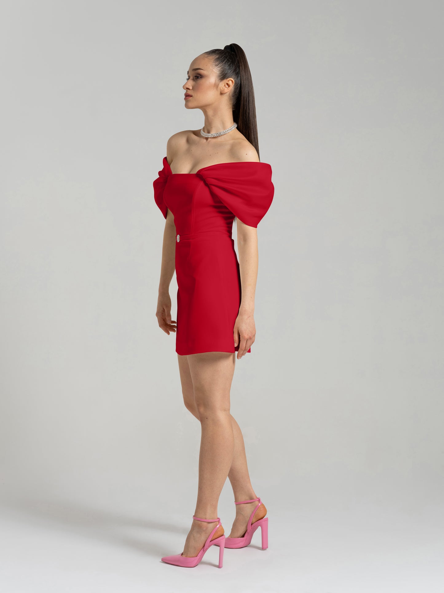 Mirage Crystal Ornament Mini Dress - Red