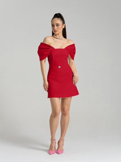 Mirage Crystal Ornament Mini Dress - Red