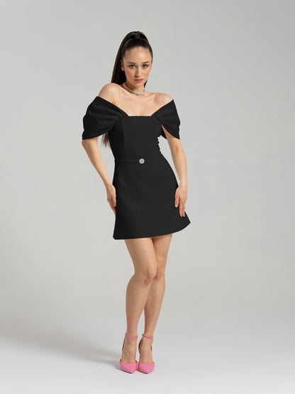 Mirage Crystal Ornament Mini Dress - Black